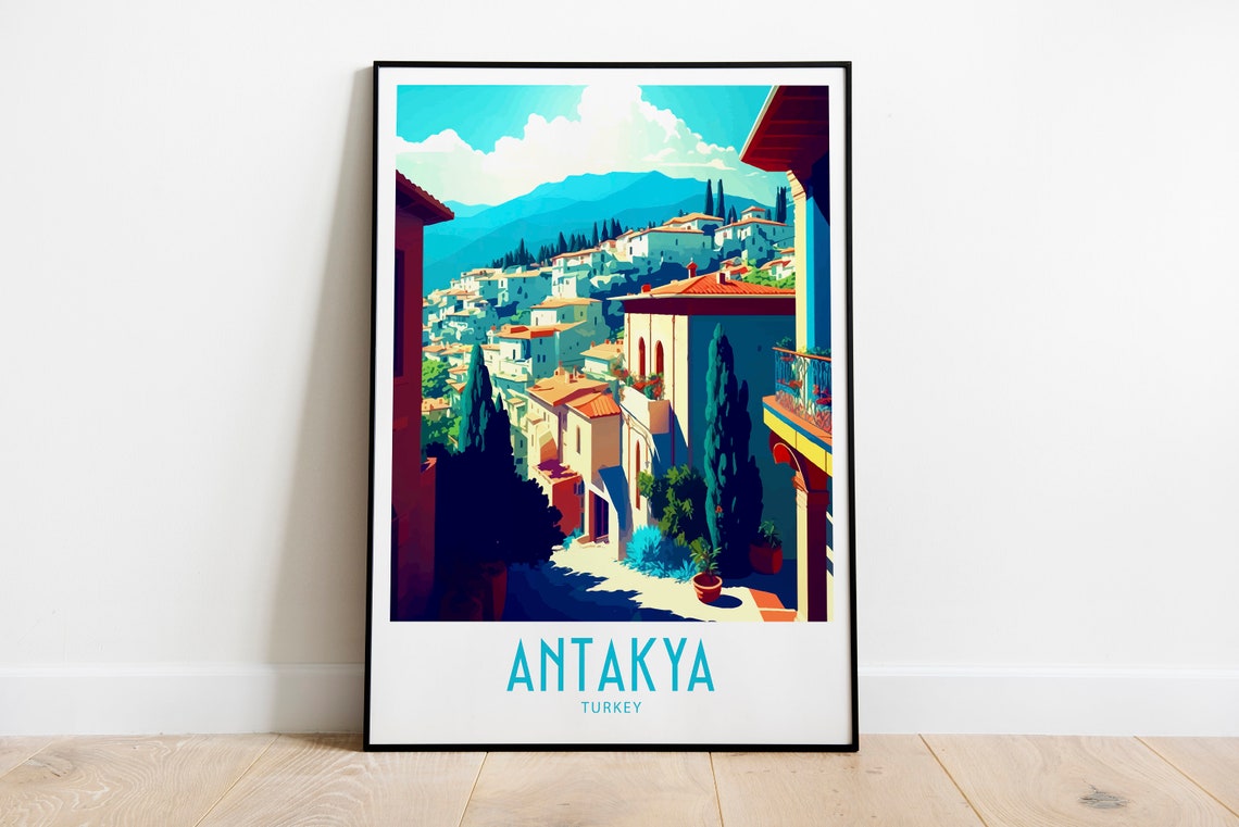 Antakya Turkey Hillside Old Town Cypress Vintage Travel Poster