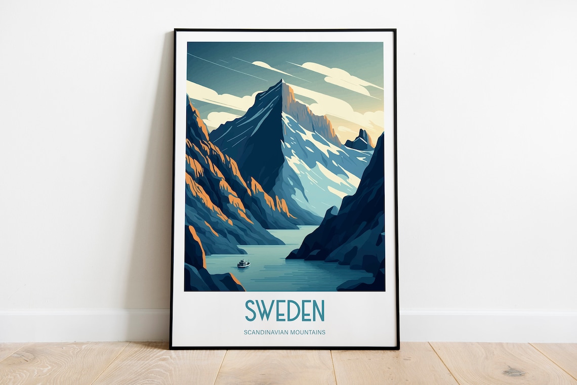 Sweden Scandinavian Mountains Fjord Lake Vintage Travel Art Poster
