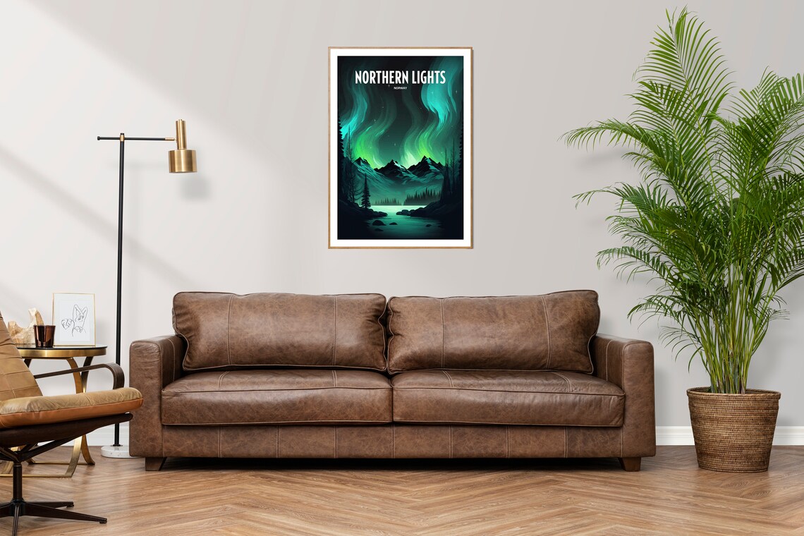 Northern Lights Norway Aurora Green Snowy Peaks Travel Poster - Image 2