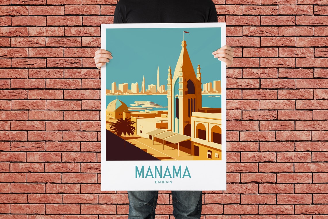 Manama Bahrain Waterfront Skyline Retro Vintage Travel Poster - Image 2