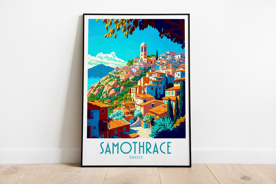 Samothrace Greece Hillside Coastal Town Retro Travel Art Poster