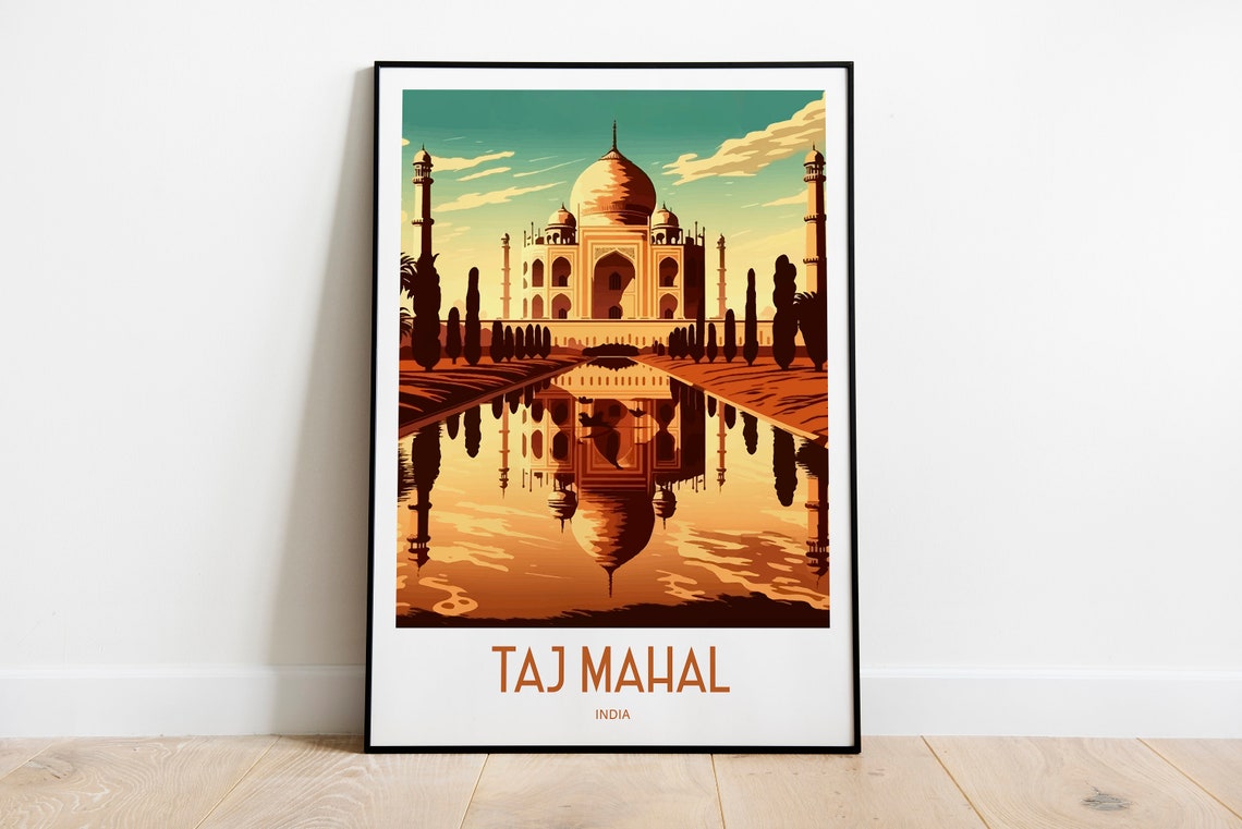 Taj Mahal India Golden Sunset Mirror Reflection Travel Poster