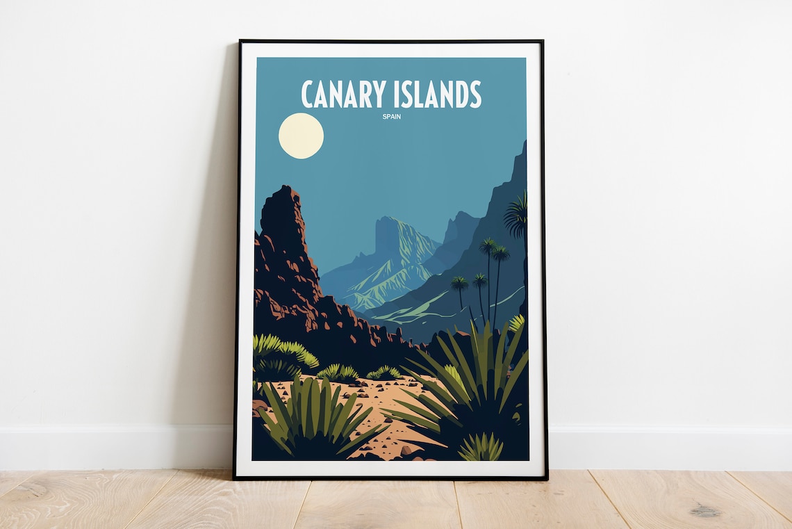 Canary Islands Spain Volcanic Peaks Moonlight Vintage Travel Poster