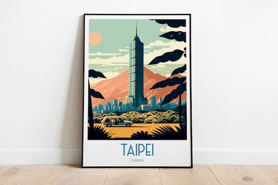 Taipei Taiwan 101 Tower Mountain Cityscape Vintage Travel Poster