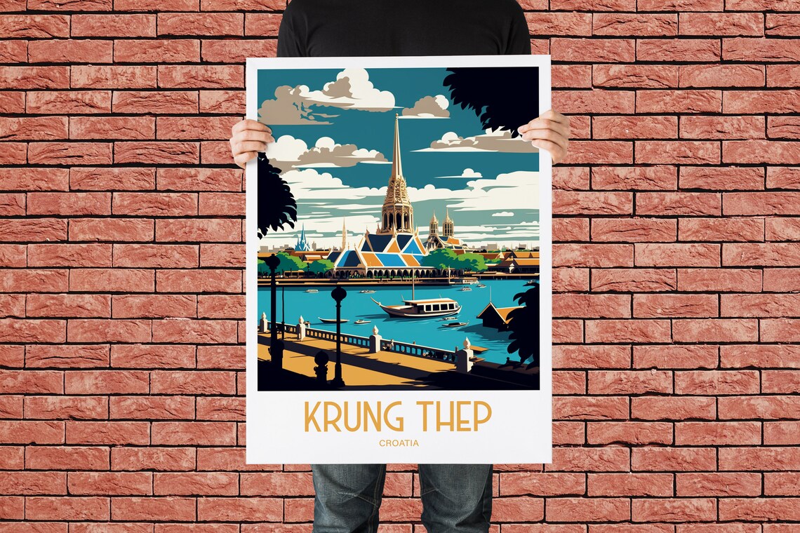 Krung Thep Croatia Golden Temple Riverside Vintage Travel Poster - Image 2