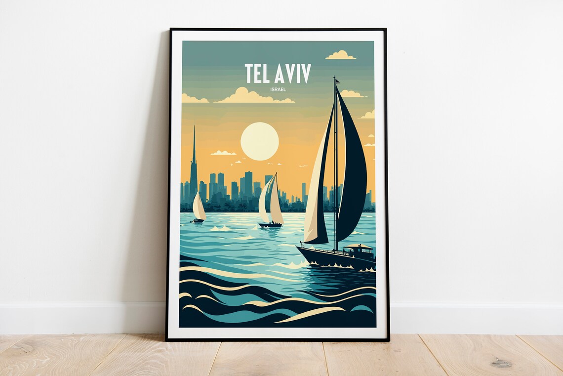 Tel Aviv Israel Sunset Sailboats Skyline Retro Travel Art Poster