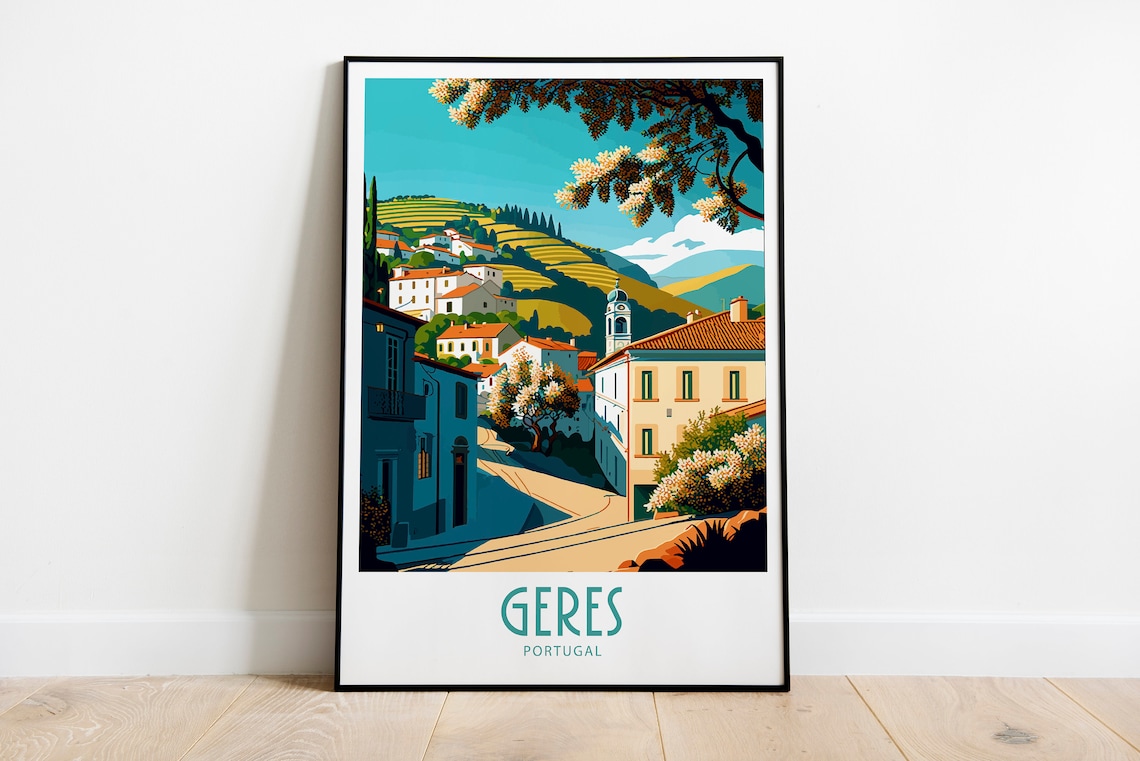 Geres Portugal Blossom Village Rolling Hills Vintage Travel Poster