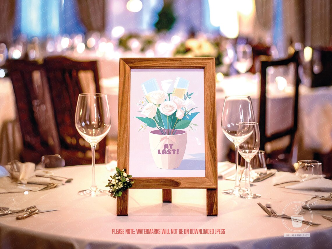 At Last Wedding Table Sign White Roses Romantic Floral Poster