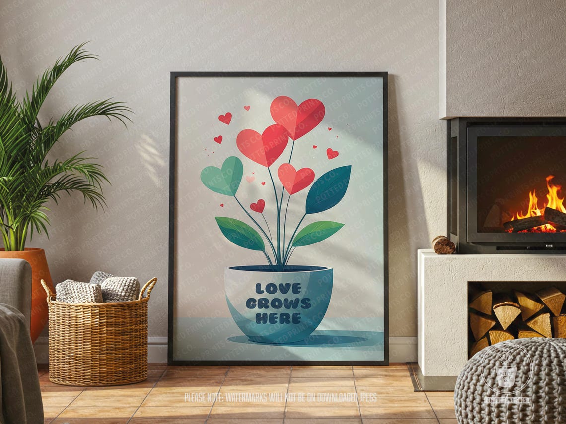 Love Grows Here Heart Plant Pot Sweet Pastel Boho Love Poster
