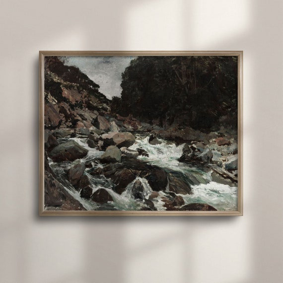 Antique Landscape Oil Painting Vintage River Scene Rustic Farmhouse Wall Decor Nature Inspired Bedroom Art Rapids Poster Print C16 678