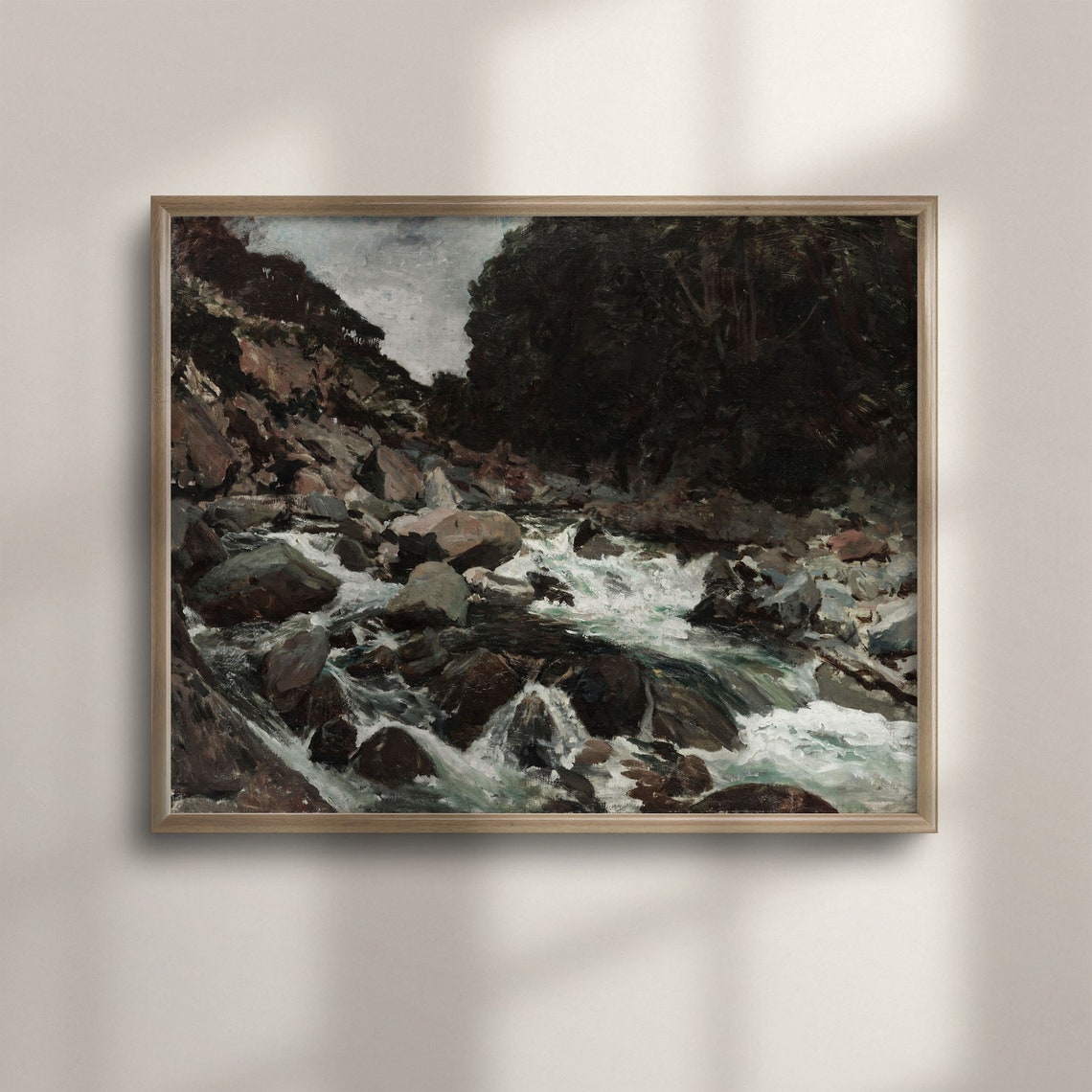 Rushing Mountain Stream Over Rocks Vintage Rapids Painting Poster