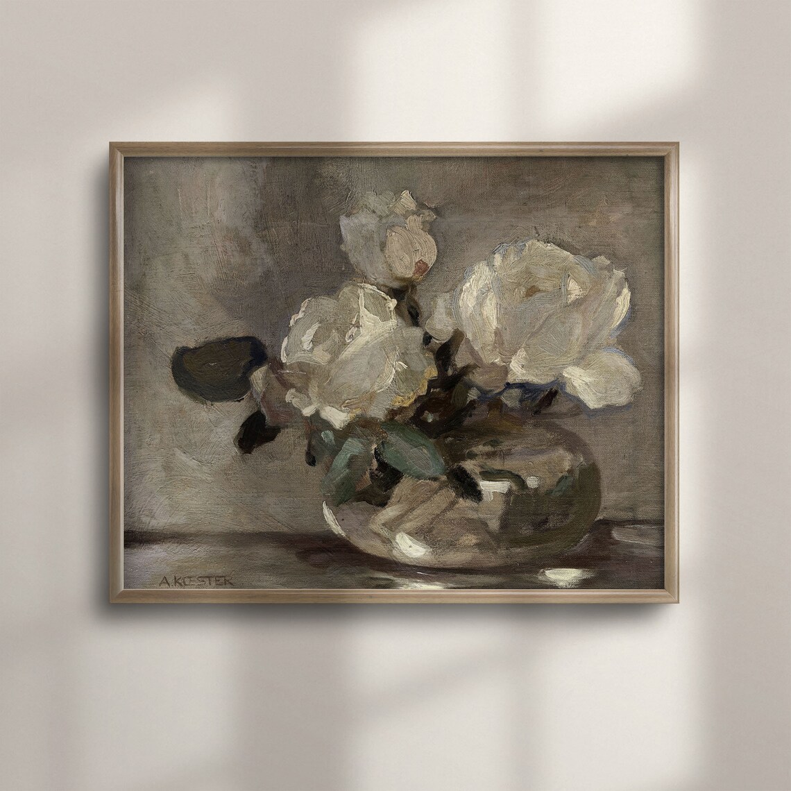Vintage Roses Oil Painting Art Print, Neutral Floral
