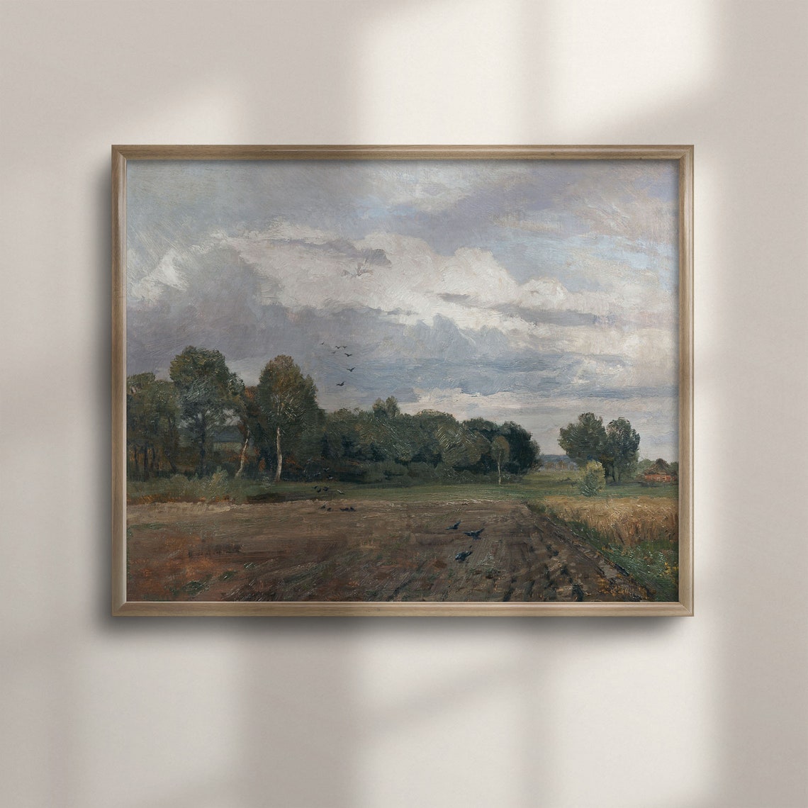 Plowed Field With Birds Under Cloudy Sky Vintage Farm Landscape Poster