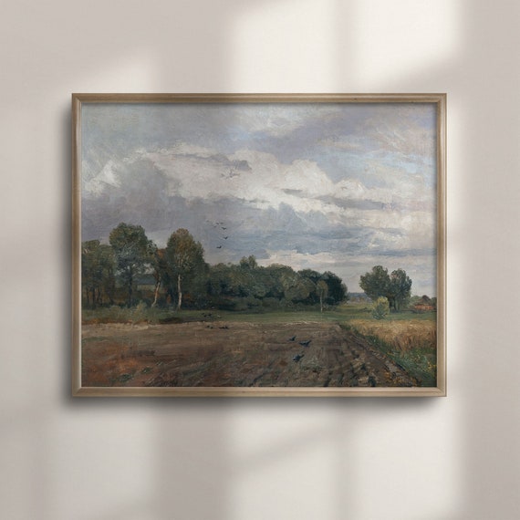 Antique Landscape Oil Painting Serene Cloudy Scenery Vintage Rustic Farmhouse Wall Decor Fine Art Prints C16 659