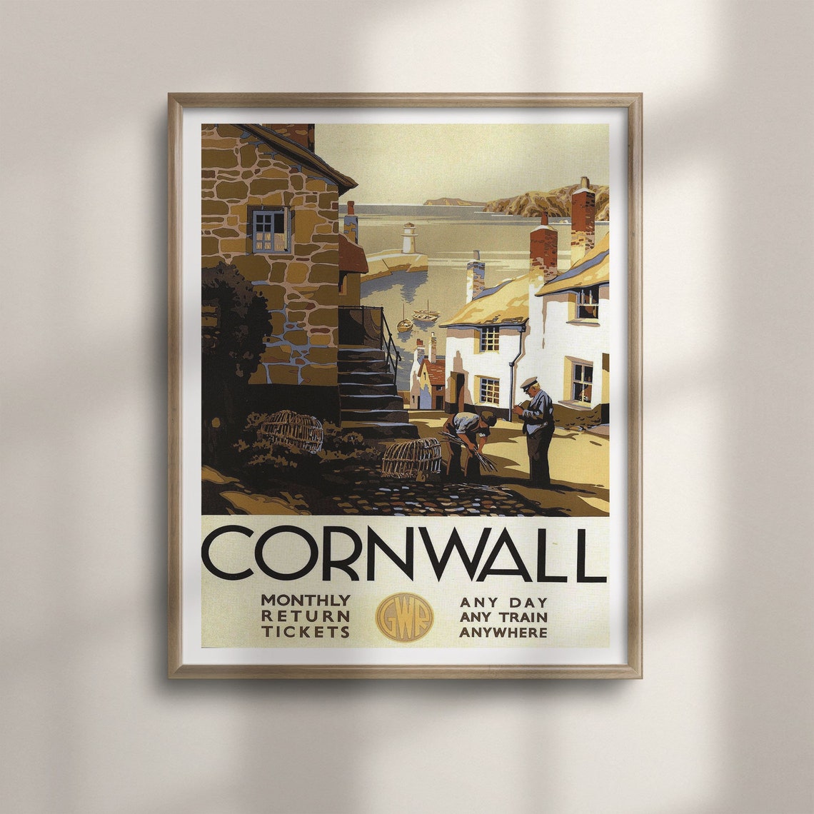 Vintage Cornwall GWR Railway Travel Poster Fishing Village Art