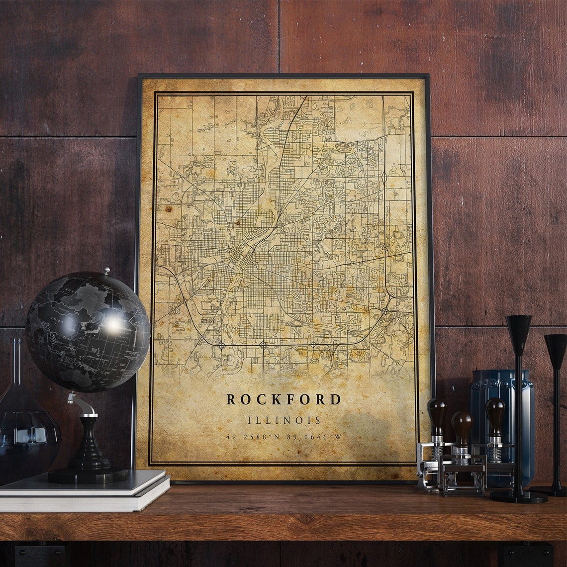 Rockford Illinois Vintage Street Map Poster Antique City Decor