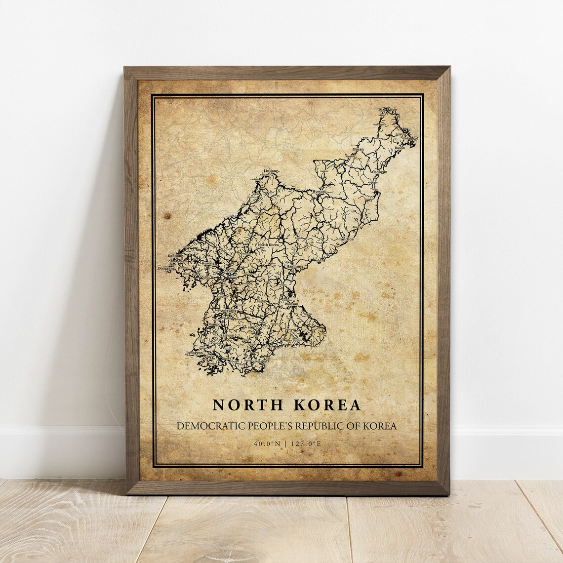 North Korea Street Map Vintage Country Road Map Aged Paper Art Poster