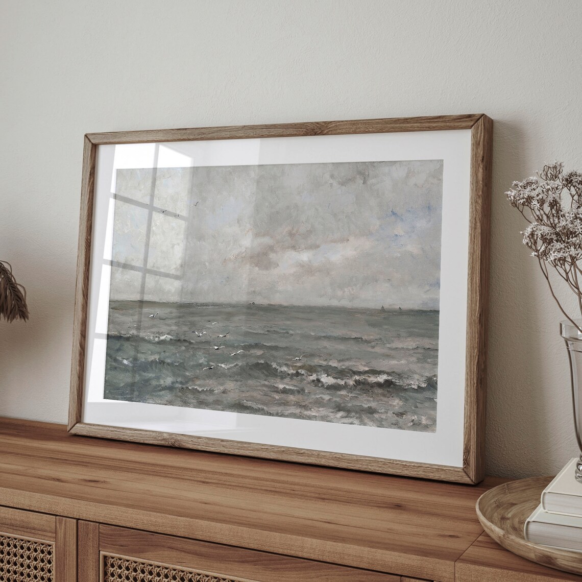 Muted Gray Seascape With Seagulls and Ships Vintage Ocean Painting Poster - Image 4