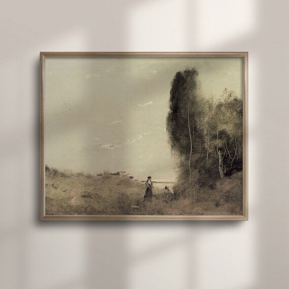 Pale Tonalist Landscape with Two Walkers Antique Oil Art Poster