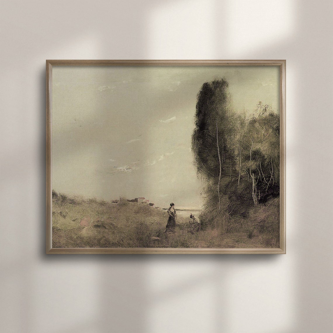 Pale Tonalist Landscape with Two Walkers Antique Oil Art Poster