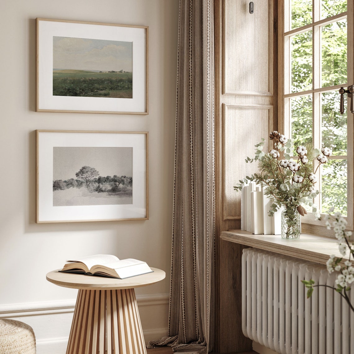 Soft Neutral Tree Meadow Watercolor Antique Farmhouse Landscape Poster - Image 3