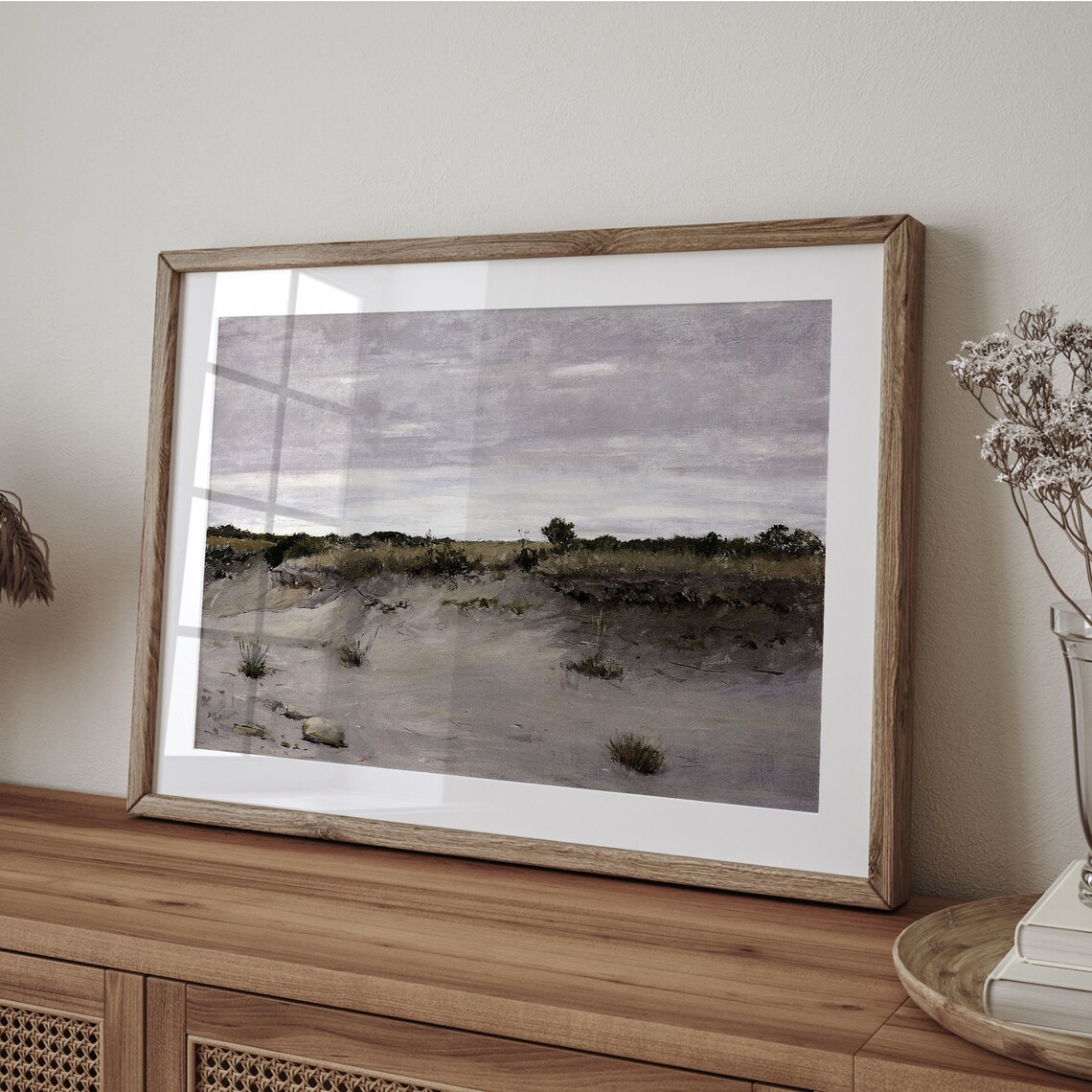 Muted Sand Dunes Scrub Grass Gray Sky Minimal Vintage Landscape Painting Poster - Image 4