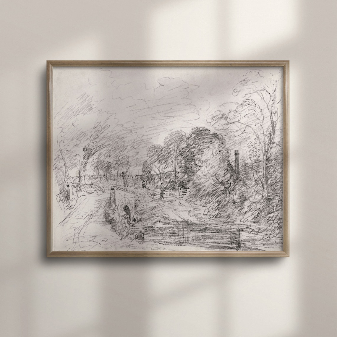 Charcoal Sketch of Old Stone Bridge Vintage Countryside Drawing Poster