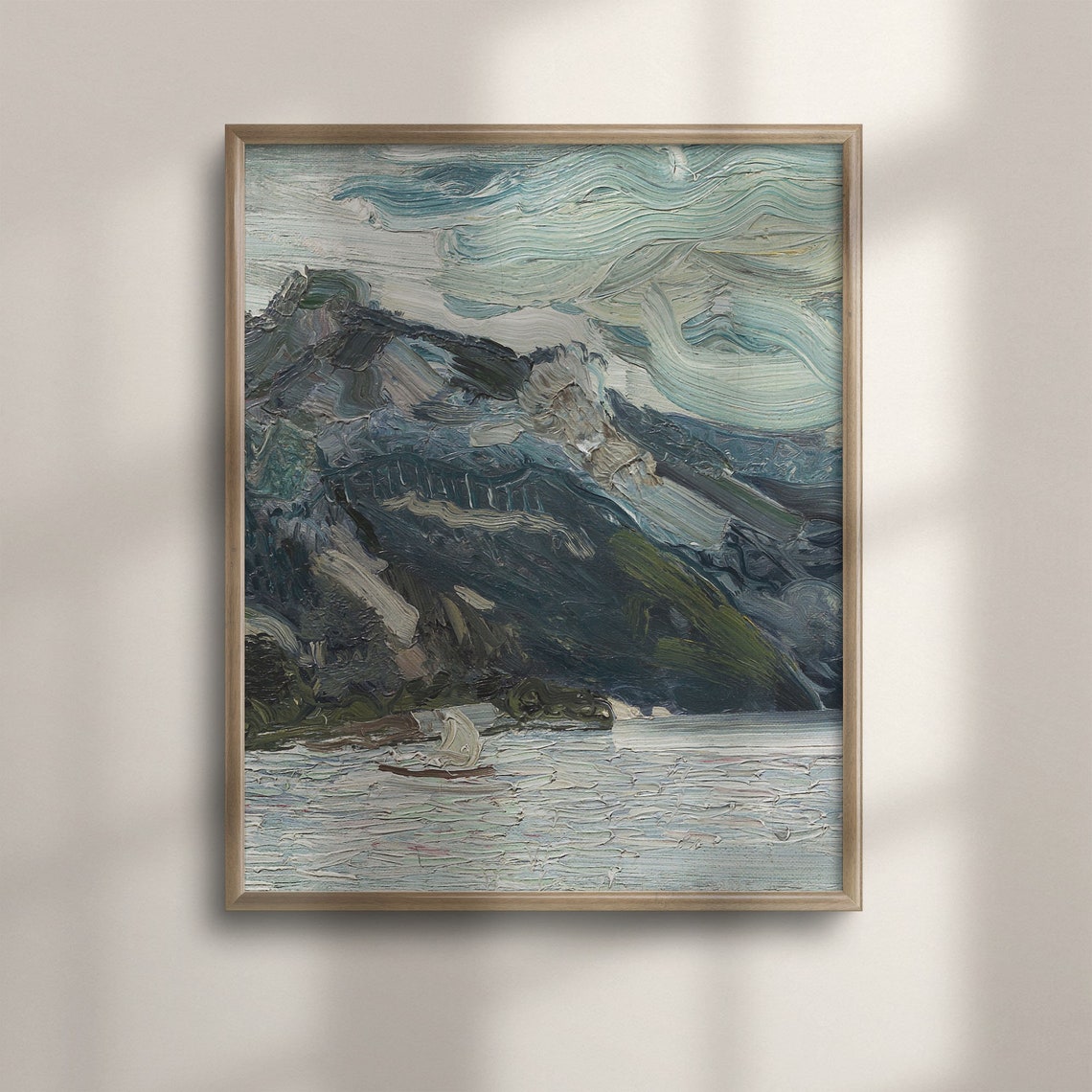 Expressive Impasto Sailboat On Lake Before Dark Mountain Art Poster