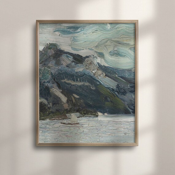 Expressive Impasto Sailboat On Lake Before Dark Mountain Art Poster