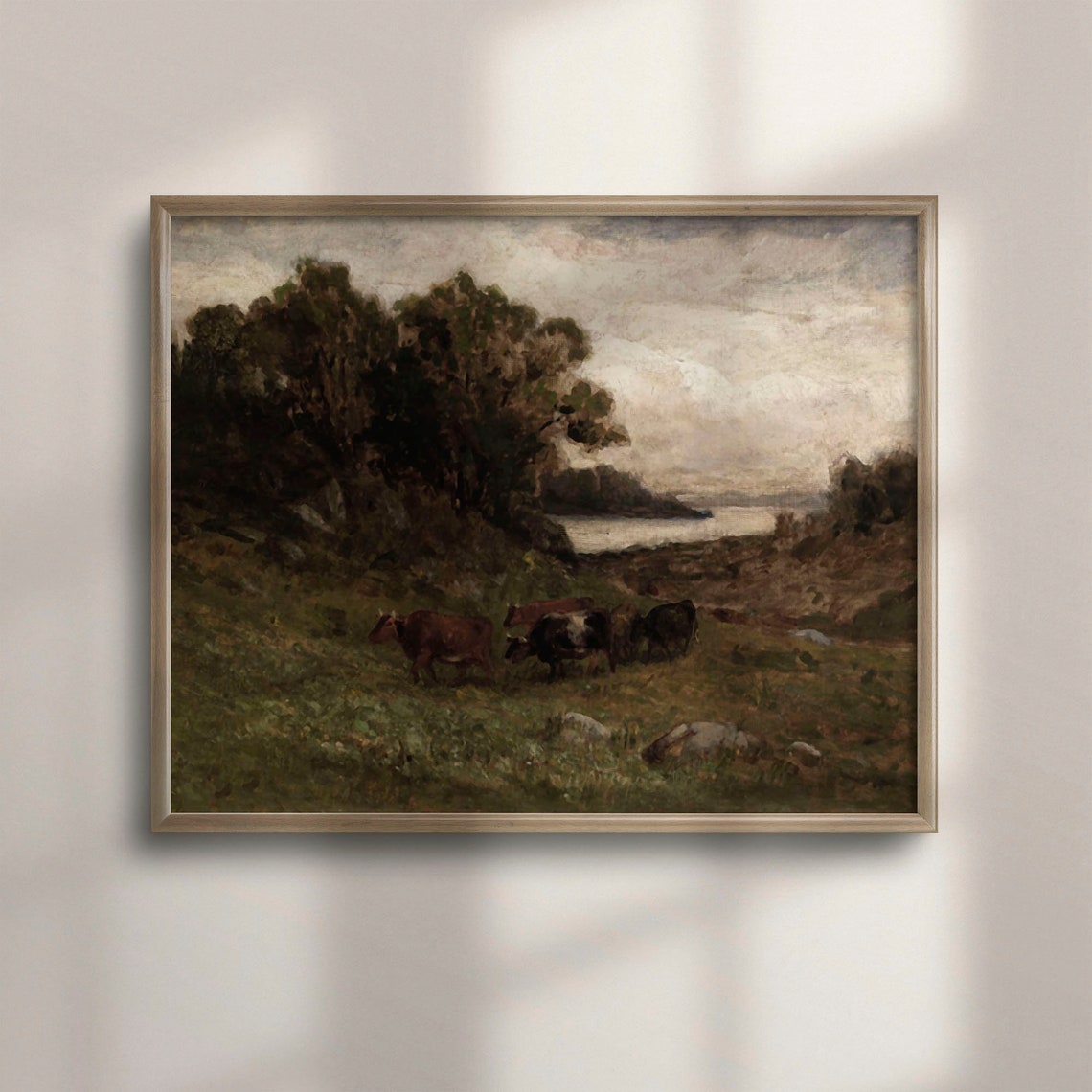 Cows Grazing on Green Coastal Meadow Vintage Pasture Oil Poster