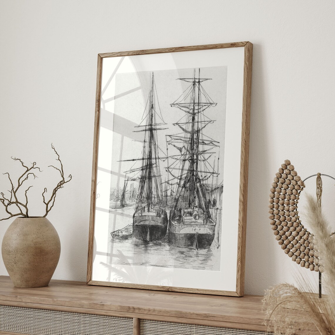 Tall Ships Harbor Ink Sketch Antique Nautical Drawing Sailing Boat Art Poster - Image 4