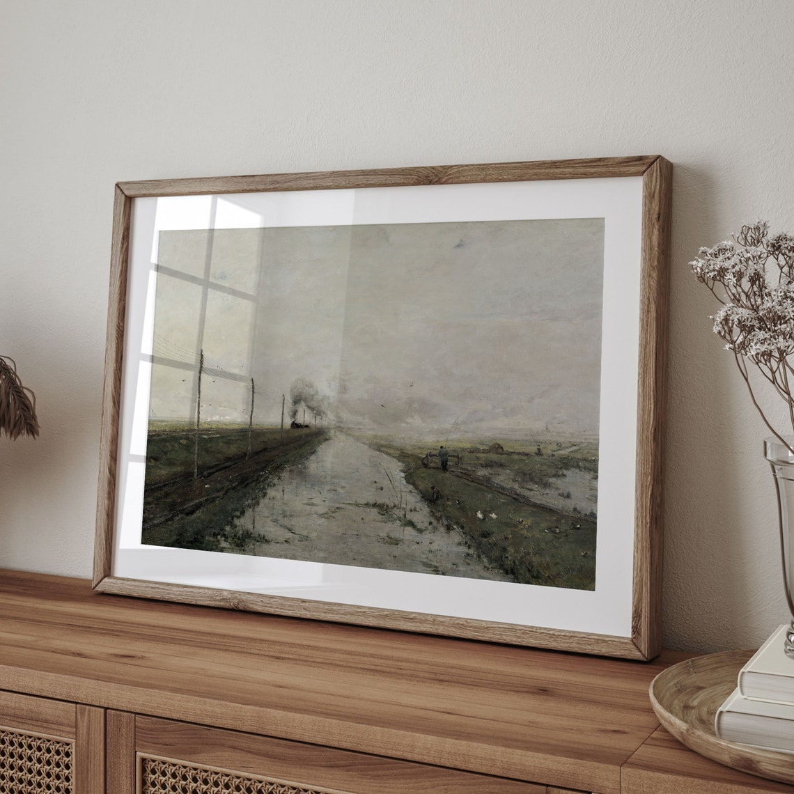 Antique Steam Train Crossing A Misty Flooded Countryside Road Print - Image 4