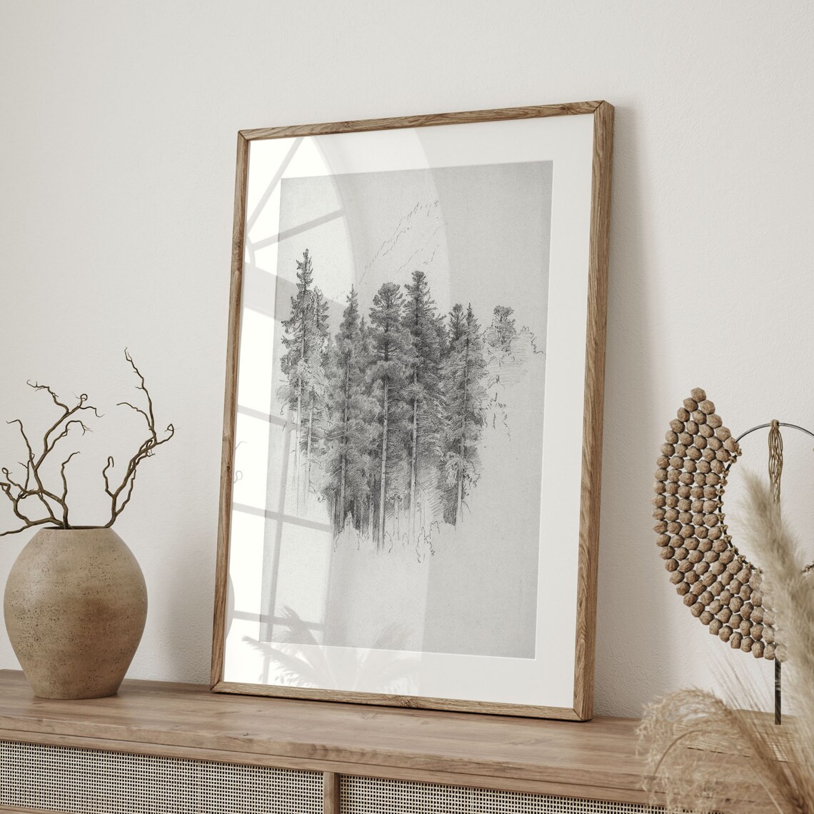 Pencil Sketch Of Tall Pine Forest Minimalist Drawing Art Poster - Image 3