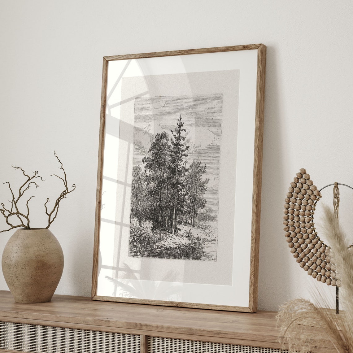 Antique Etching of Pine Trees by Water Vintage Forest Engraving Poster - Image 4