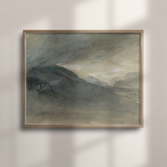 Rustic Decor Tonal Mountain Watercolor Painting Vintage Landscape Art Moody Country Wall Decor C16 428