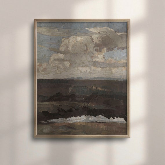 Vintage Landscape Oil Painting Rustic Wall Decor Moody Vertical Art Dark Green Bedroom Wall Art Panoramic Antique Print C16 755