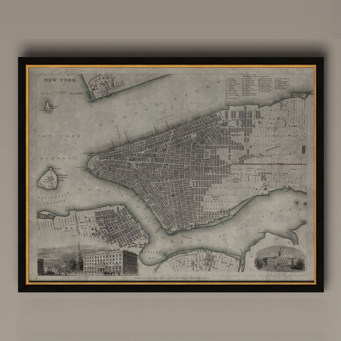 New York City Map Vintage Manhattan Island Art Print