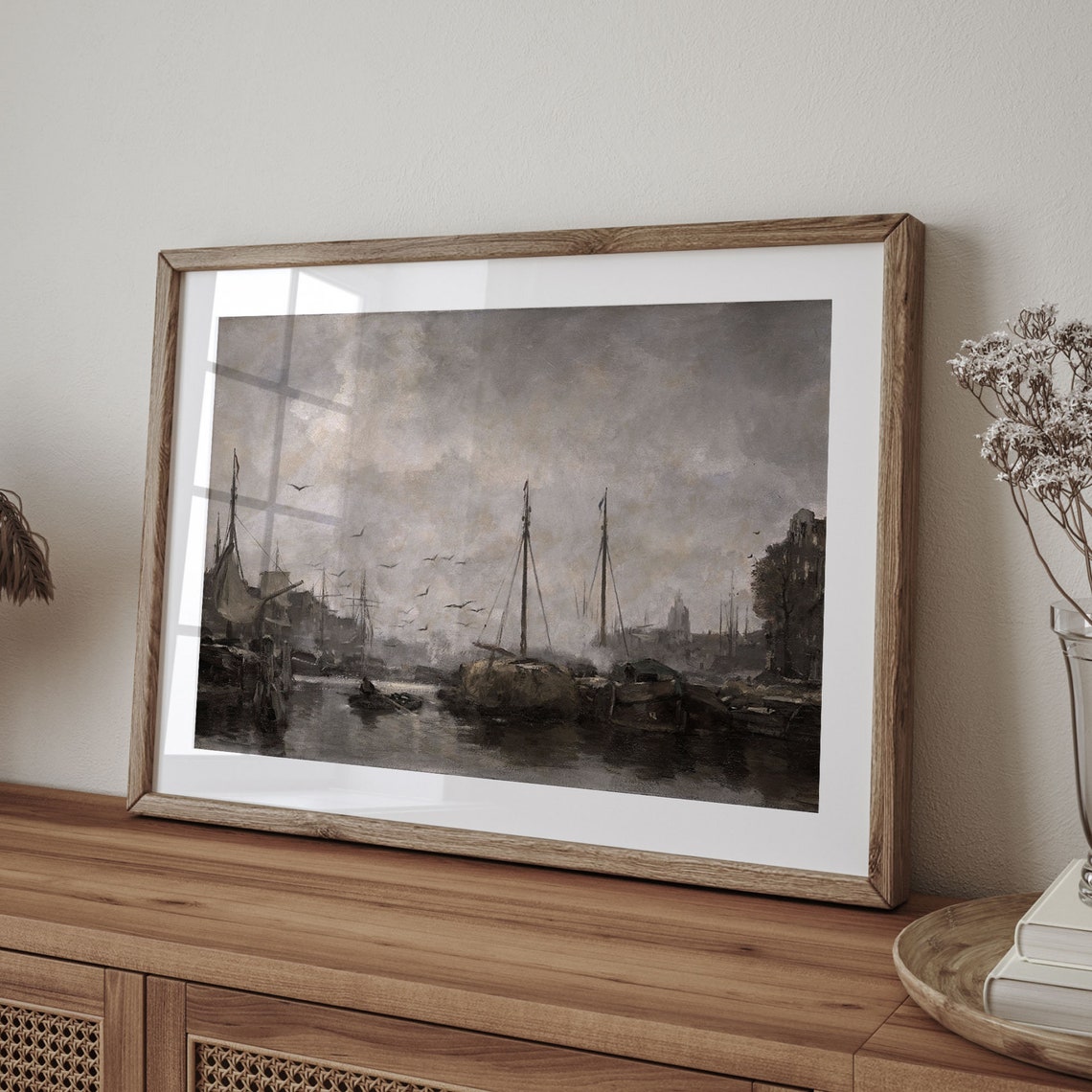 Vintage Moody Harbor Tall Ships Birds Dusk Nautical Art Poster - Image 4