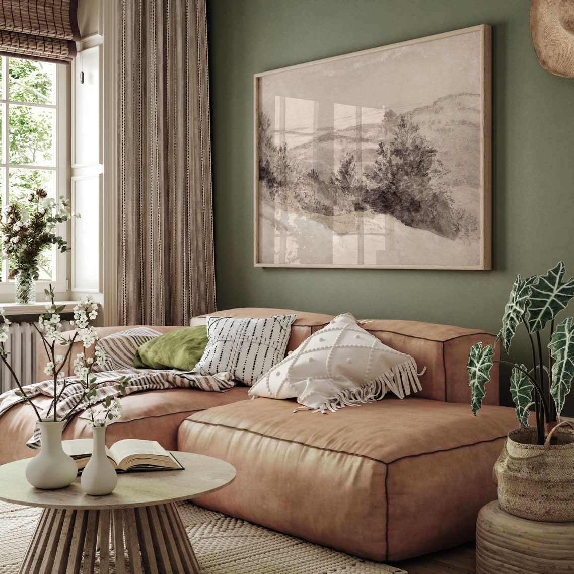 Vintage Sepia Tone Rolling Hills Trees Minimalist Sketch Art Poster - Image 2