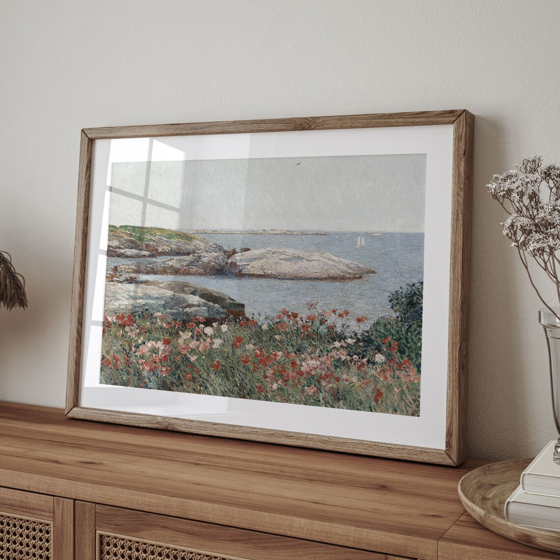 Vintage Rocky Coast Poppies Sailboat Sea Floral Seascape Poster - Image 4