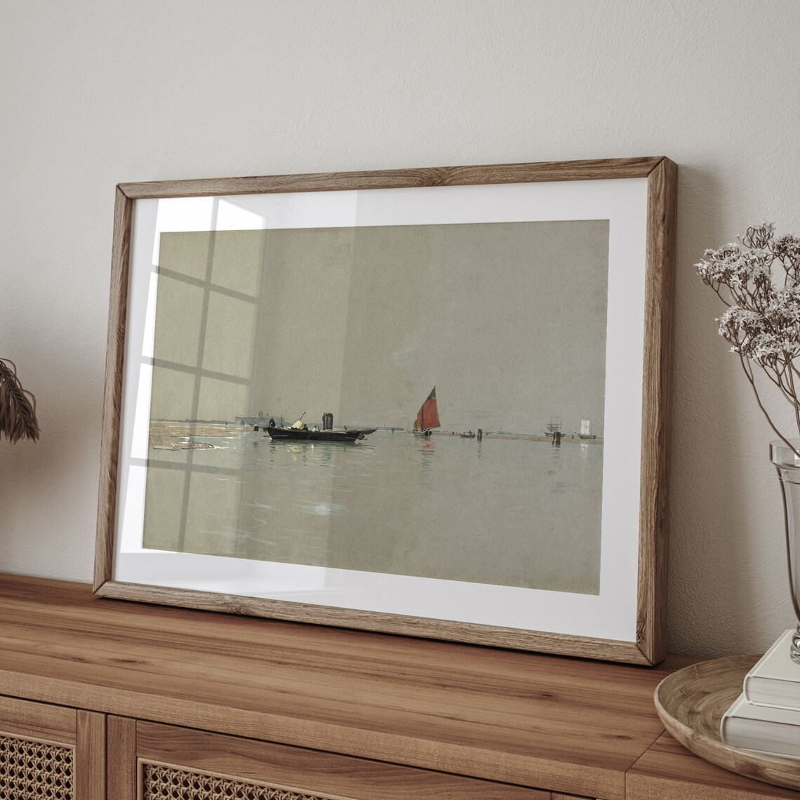 Vintage Fishing Boats on Calm Water Muted Tonal Seascape Poster - Image 4