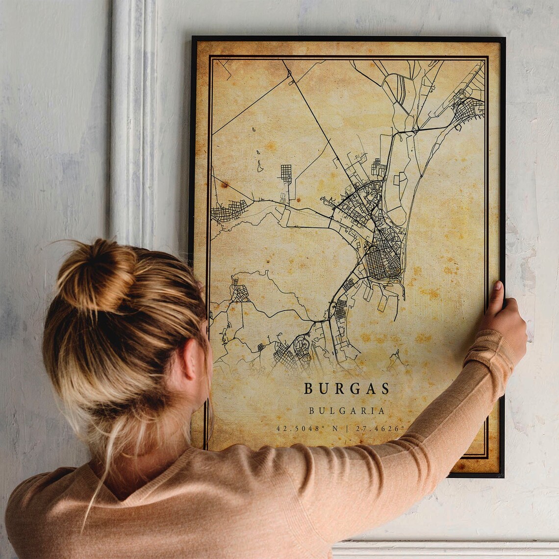 Burgas Bulgaria Vintage City Street Map Antique Coordinate Art Poster - Image 2
