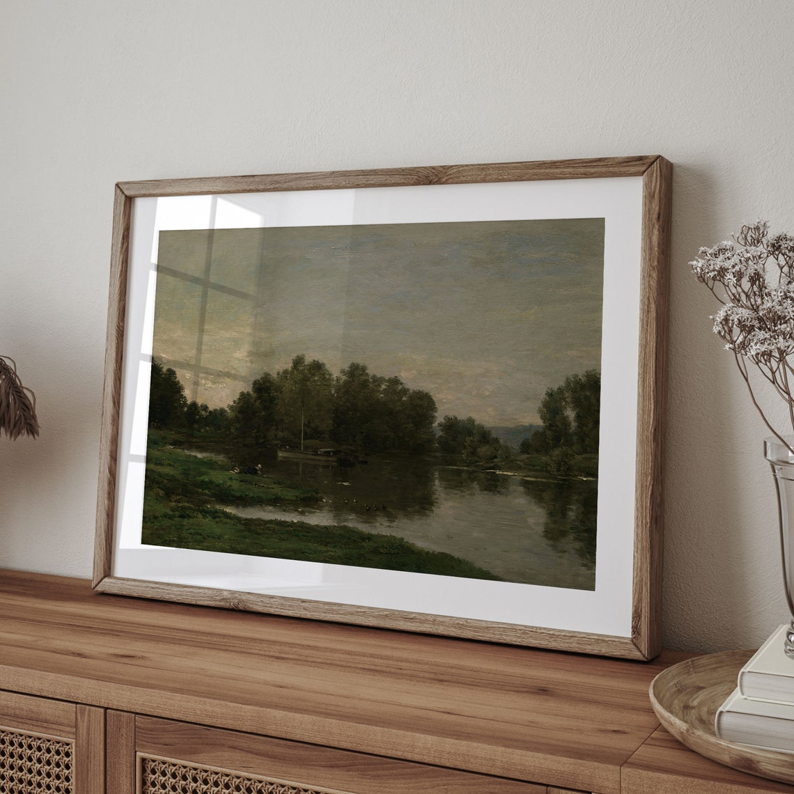 Dark Moody Riverside Landscape Oil Painting With Trees At Dusk Print - Image 4