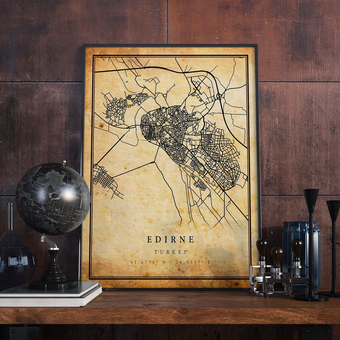 Edirne Turkey Vintage City Street Map Coordinates Antique Poster