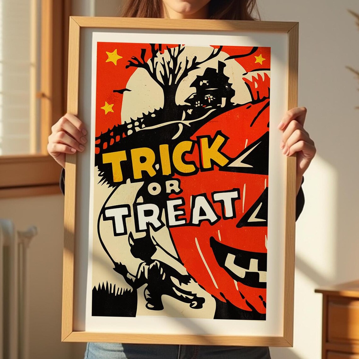 Halloween Retro Trick Or Treat Poster, Kitchen Decor