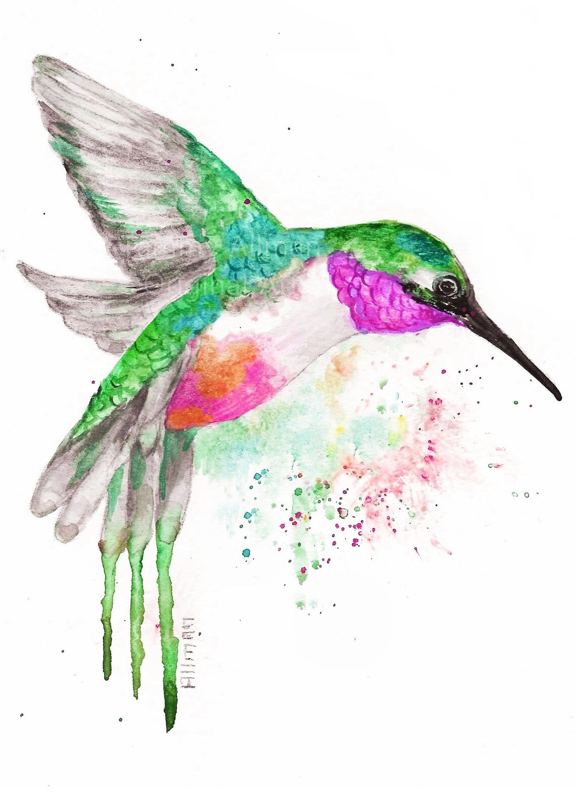 Hummingbird in Flight Green and Magenta Watercolor Bird Art Poster - Image 3