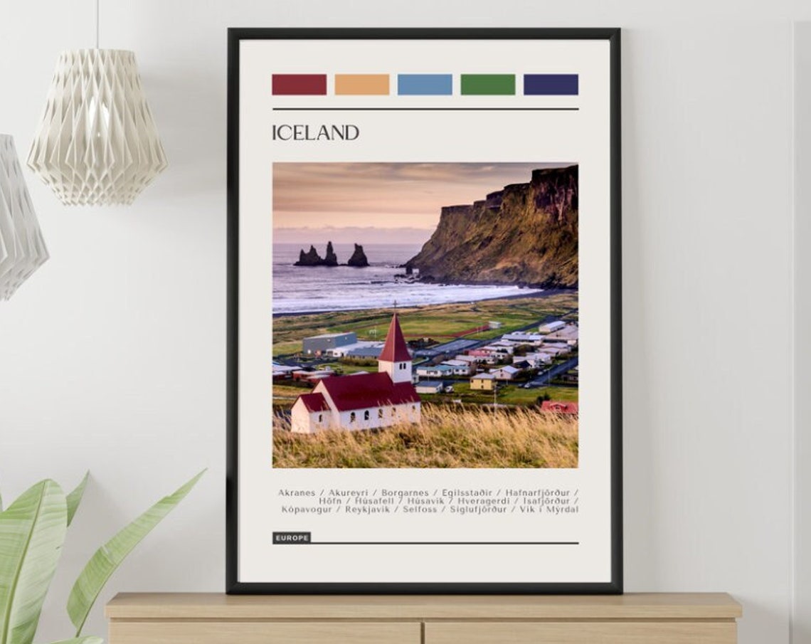 Iceland Vik Church Sea Stacks Coastline Color Block Travel Poster