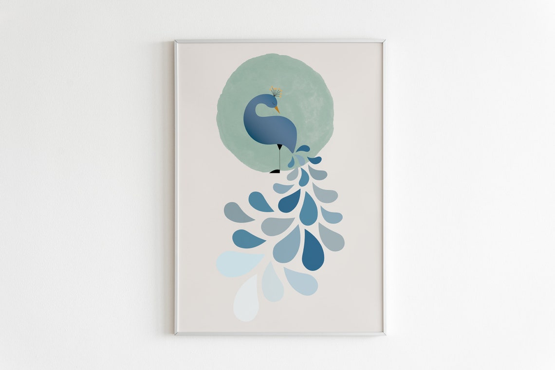 Blue Stylized Peacock Sage Moon Modern Minimalist Bird Poster