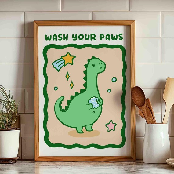 Wash Your Paws Cute Smiling Green Dinosaur Kids Bathroom Poster