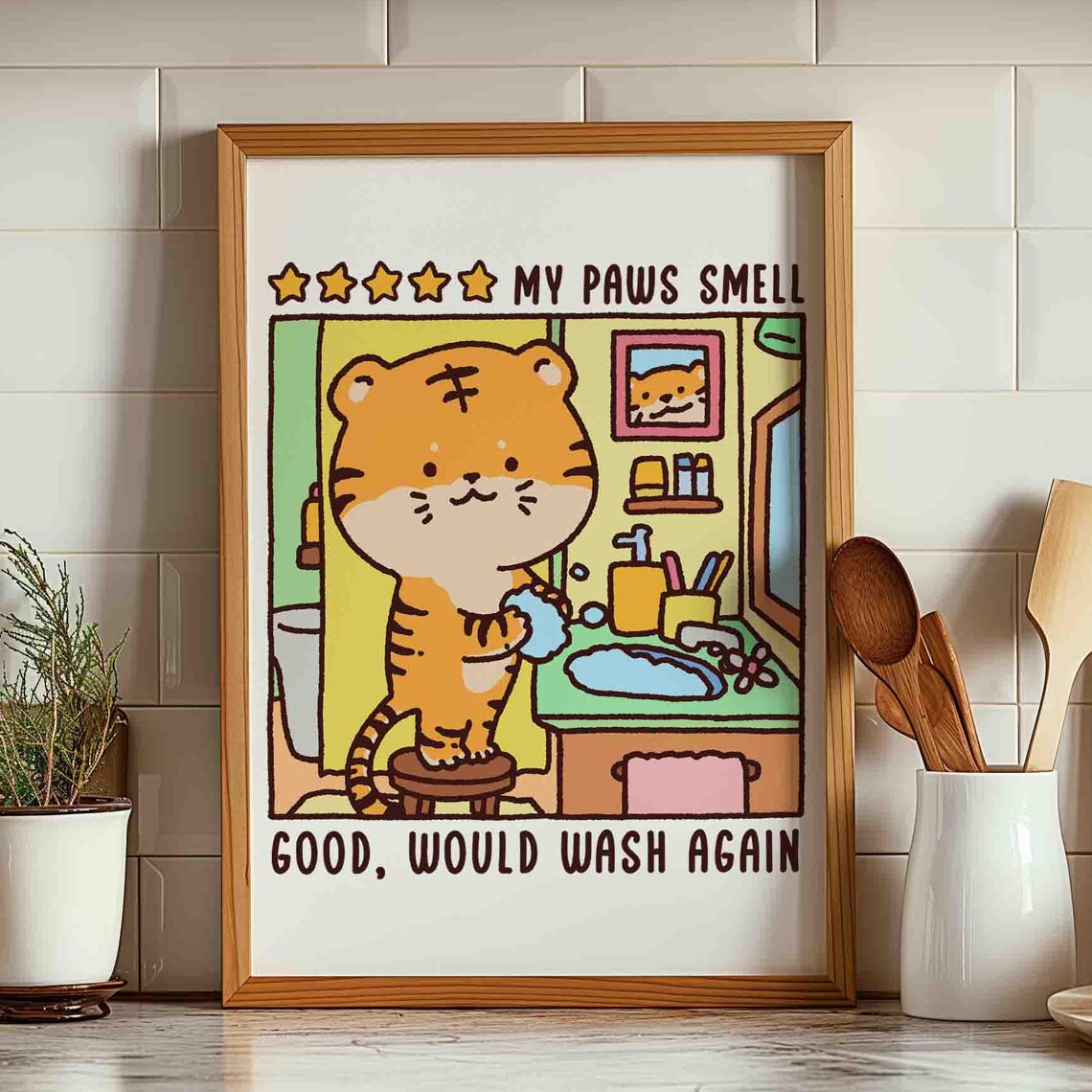 Wash Your Paws Cute Tiger Bathroom Funny Kids Daily Wall Poster